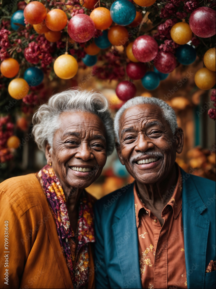 AI generated illustration of a portrait of happy black elderly couple celebrating