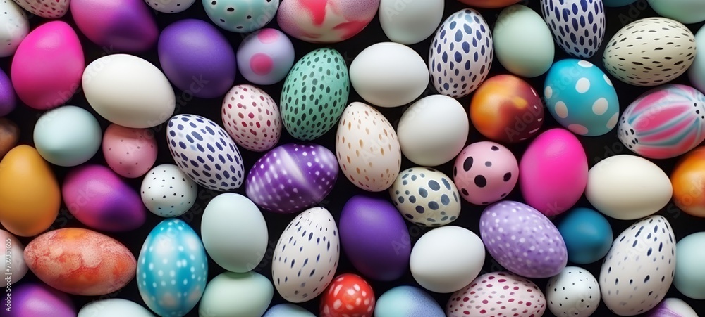 Numerous Easter eggs in vibrant colors and diverse designs fill the image. Top view. Copy space. Perfect for holiday-themed advertisements or celebration backgrounds. Numerous Easter eggs in vibrant colors and diverse designs fill the image. Top view. Copy space. Perfect for holiday-themed advertisements or celebration backgrounds.