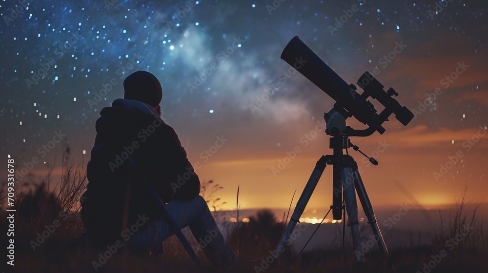 a guy sitting outside and looking through a big telescope at the night sky full of stars.