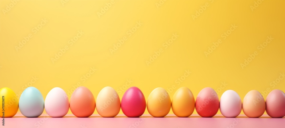 Row of colored Easter eggs against a yellow background. Big Banner with copy space. Ideal for Easter promotion, spring event, holiday greeting, advertisement, festive content. Row of colored Easter eggs against a yellow background. Big Banner with copy space. Ideal for Easter promotion, spring event, holiday greeting, advertisement, festive content.