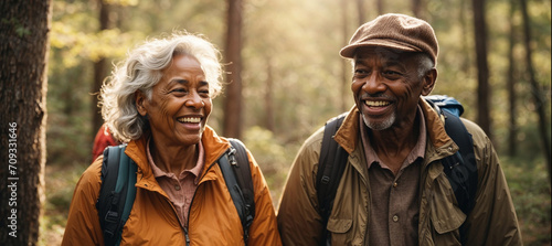AI generated illustration of a happy black elderly couple hiking in a sunny forest photo