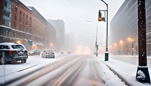 A city street in the heavy snow. photo