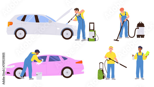 Car wash service and male worker cartoon character providing transport cleaning job isolated set