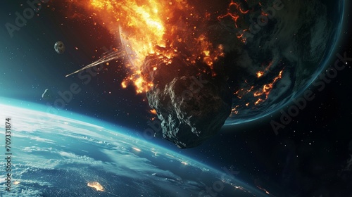 a huge gigantic burning asteroid in space flyng towards the planet earth. collides with surface. wallpaper background. photo