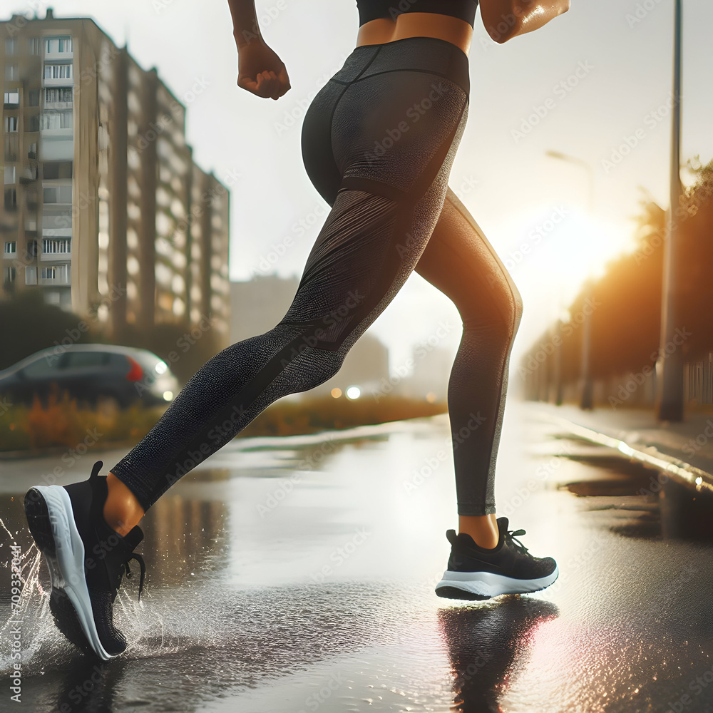 Female, Sneakers on Wet Asphalt, Woman Run on a Street with Puddles Female, Sneakers on Wet Asphalt, Woman Run on a Street with Puddles