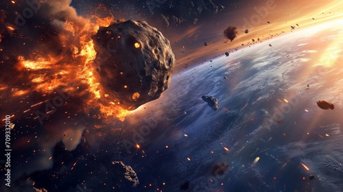 a huge gigantic burning asteroid in space flyng towards the planet earth. collides with surface. wallpaper background. photo