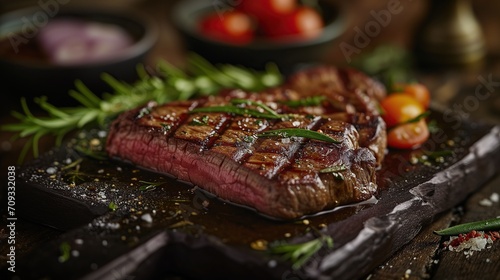 a medium wall steak entrecote, with extras on the side. Medium Rare Ribeye steak on wooden board, selected focus. Grilled medium rib eye steak with rosemary and pepper.