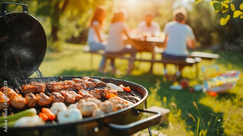 a photo of a family and friends having a picnic barbeque grill in the garden. having fun eating and enjoying time. sunny day in the summer. blur background