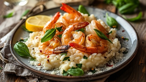 Generative AI : Creamy risotto with shrimps fried prawns