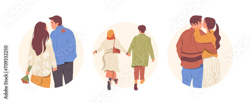 Isolated round composition with back view of young people lovers walking spending time together