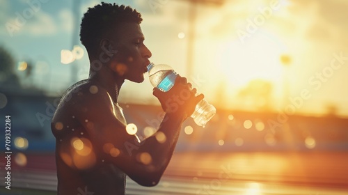 a photo of a latino male sprinter athlete on a track holding in his hand and drinking cold isotonic sports water drink. sweaty after exercises. blurry stadium background. photo