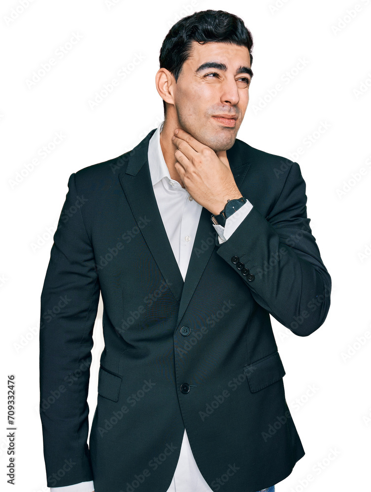Handsome hispanic man wearing business clothes touching painful neck, sore throat for flu, clod and infection Handsome hispanic man wearing business clothes touching painful neck, sore throat for flu, clod and infection