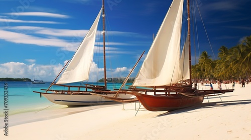 Generative AI : Boracay boats on the White beach. The overall color scheme is soft and bright champagne photo