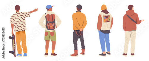 Back view of young man cartoon characters wearing trendy fashion clothes street urban apparel