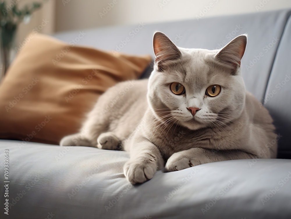 Generative AI : British Shorthair cat on A luxurious sofa