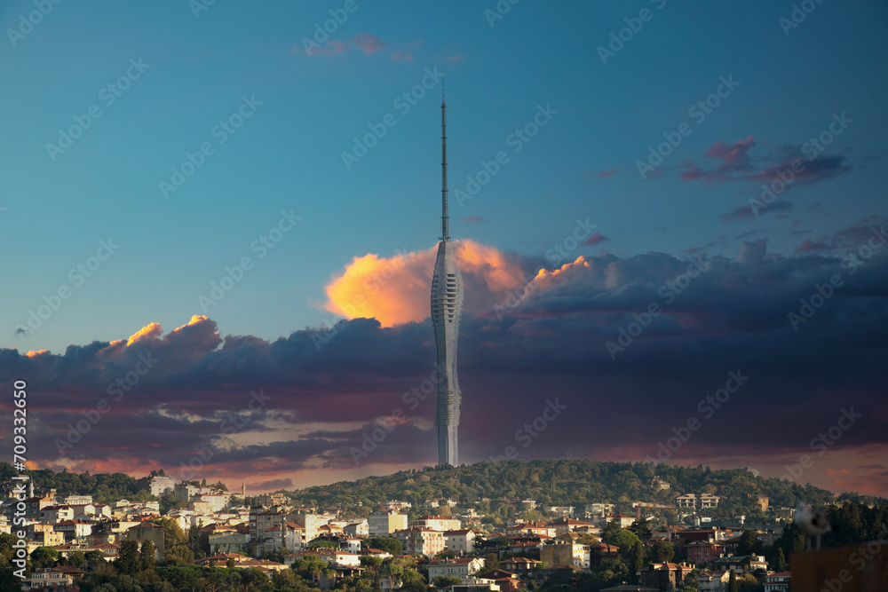 Naklejka premium Camlica Tower or (Küçük Çamlıca) TV Tower in the historical city of Istanbul, TURKEY
