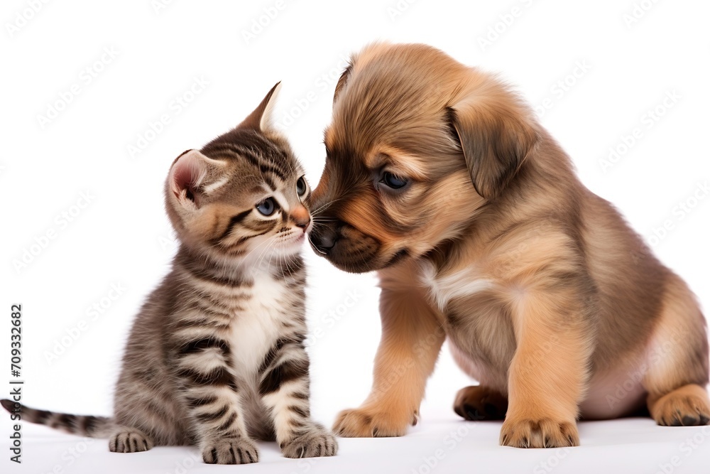 Generative AI : Cute dogs and cats together hanging paws isolated_ Generative AI : Cute dogs and cats together hanging paws isolated_