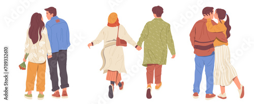Happy loving romantic couple walking, kissing each other holding hands back view isolated set