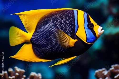Generative AI : Passer Angelfish (Holacanthus passer) or King Angelfish swimming in reef tank