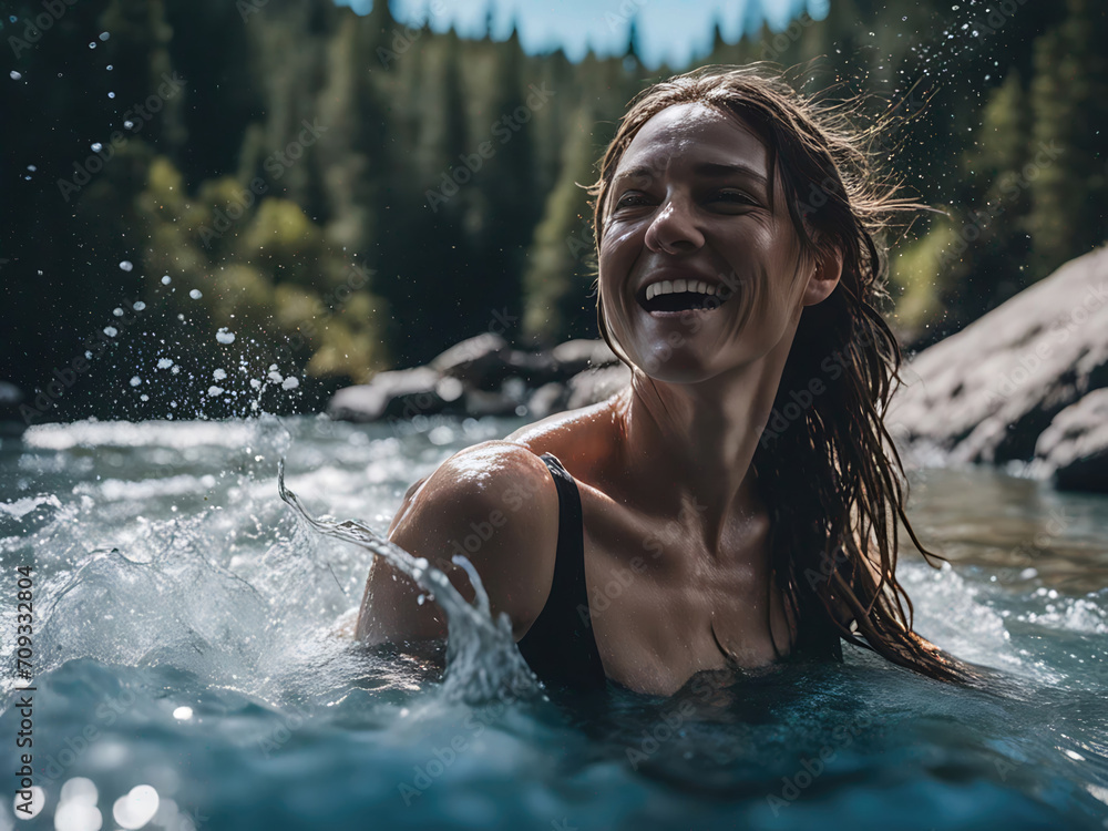 Woman splashing in river, water splashing as she smiles. Happiness, joy, adventure.