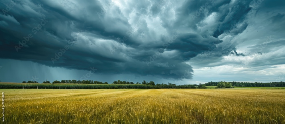 Clouds moving over wheat field, stormy sky with visible rain and tornado in summer village. - obrazy, fototapety, plakaty 