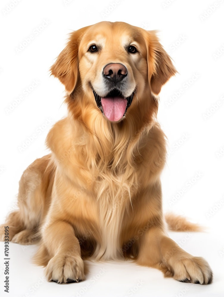 Generative AI : Happy sitting and panting Golden retriever dog looking at camera Generative AI : Happy sitting and panting Golden retriever dog looking at camera