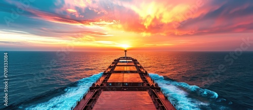 Wide view of sunrise over cargo ship in the ocean, with space for text.