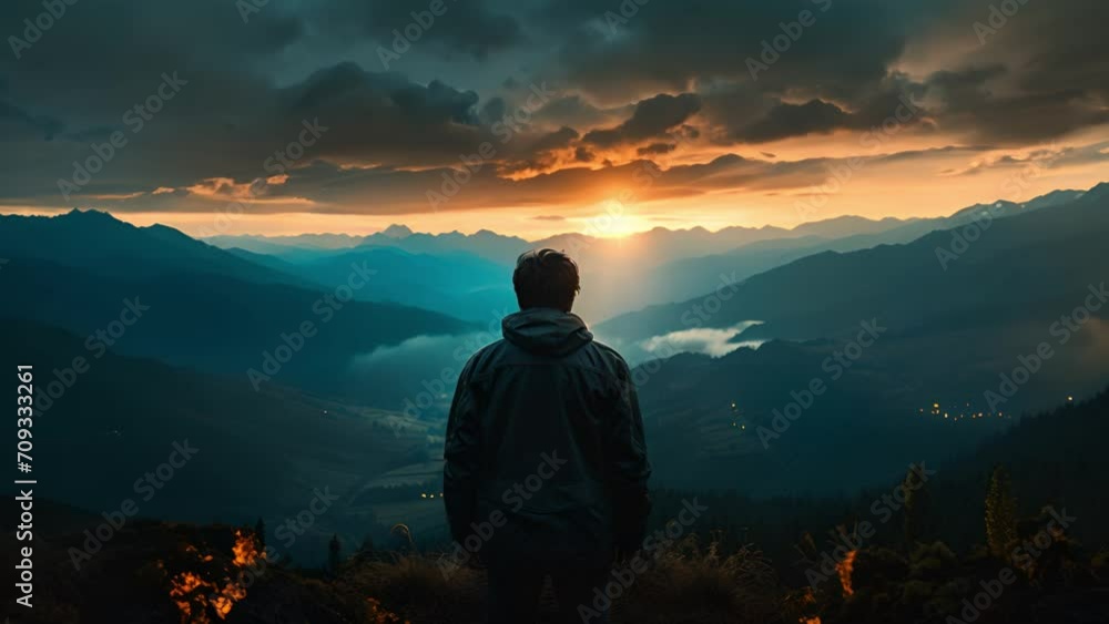 夕日を眺める男性,Generative AI 夕日を眺める男性,Generative AI