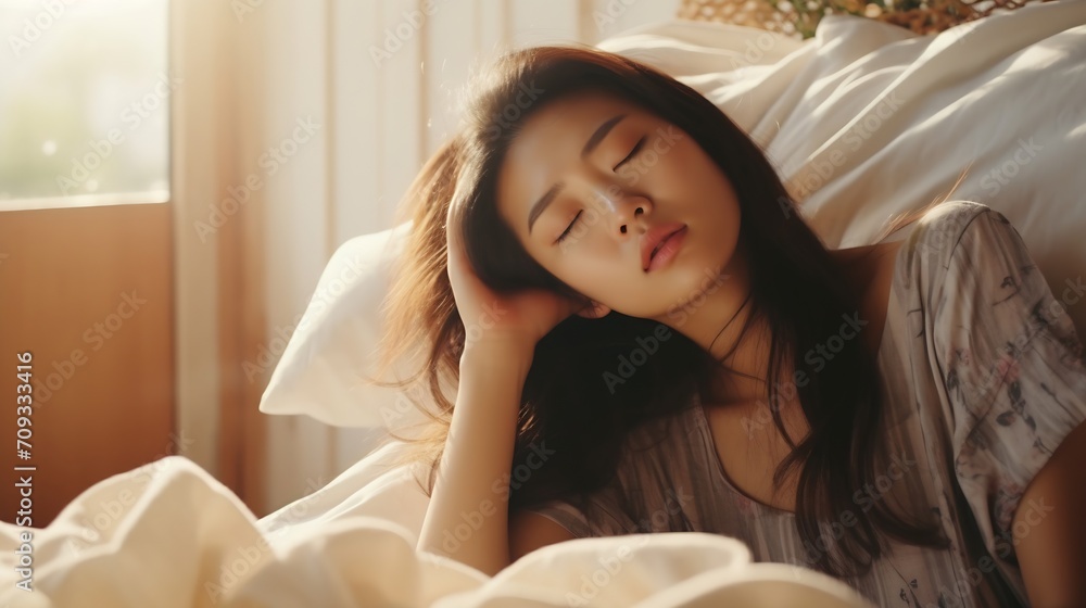 Generative AI : Young Asian woman in her bed suffering from headache Generative AI : Young Asian woman in her bed suffering from headache