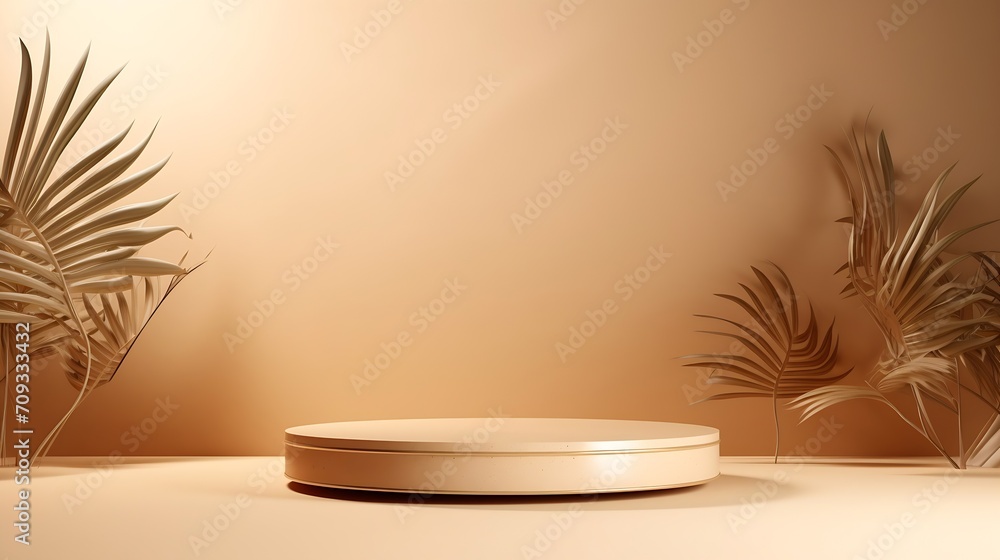 Generative AI : 3D realistic wooden podium platform stand decoration with brown palm leaves backdrop minimal wall scene on beige background. Display for spa and beauty, cosmetic product presentation s
