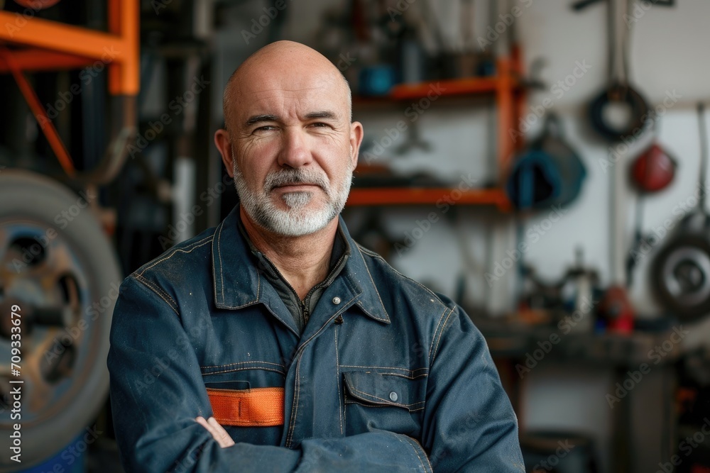 European businessman in a mechanic's outfit, with a workshop and automotive tools background European businessman in a mechanic's outfit, with a workshop and automotive tools background