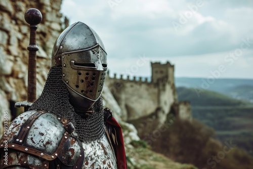 European businessman in a medieval knight's armor, with a castle and historical setting