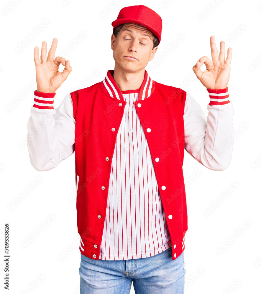 Young handsome man wearing baseball uniform relax and smiling with eyes closed doing meditation gesture with fingers. yoga concept. Young handsome man wearing baseball uniform relax and smiling with eyes closed doing meditation gesture with fingers. yoga concept.