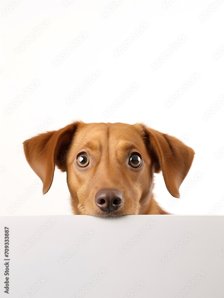 Generative AI : caramel dog peeking over a white wall, white background