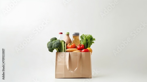 Generative AI : Paper bag with different groceries on white background