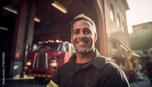 A smiling firefighter standing outside his fire station on a sunny day