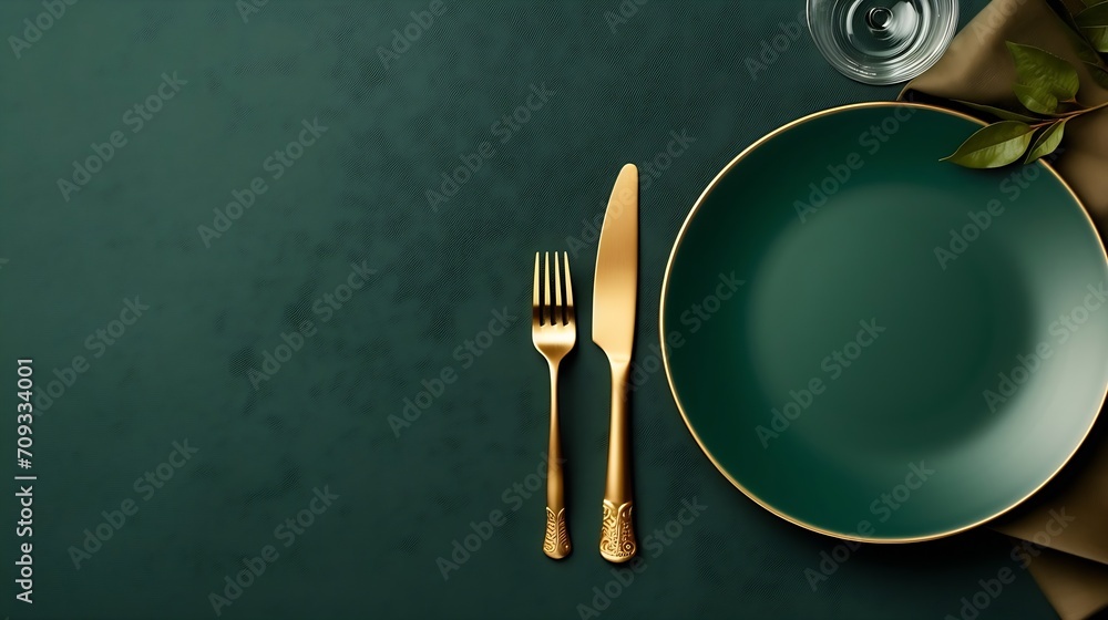 Generative AI : Empty plates and gold cutlery on dark green background. - obrazy, fototapety, plakaty 