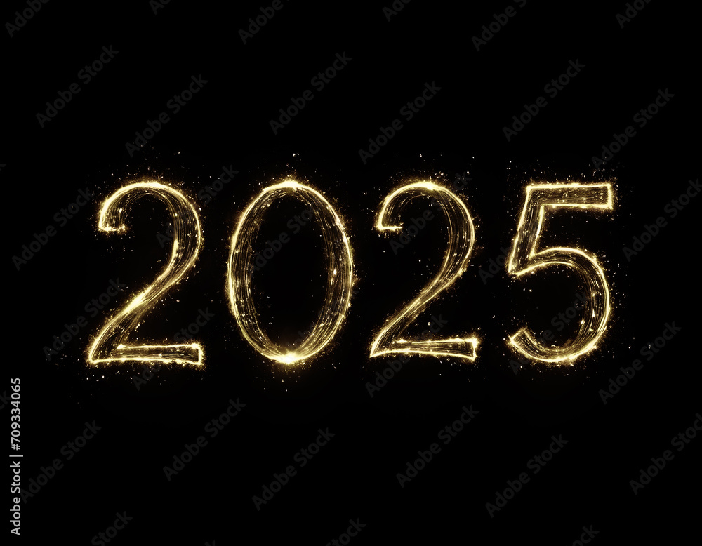 Sparkling burning text Year of 2025 isolated on black background Sparkling burning text Year of 2025 isolated on black background