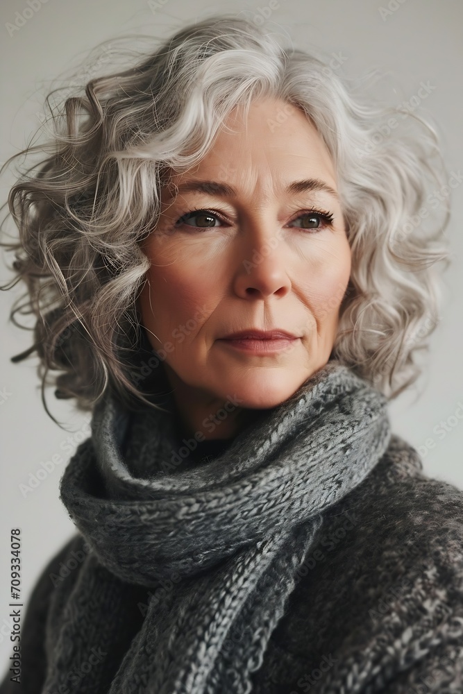 Generative AI : portrait photography of a woman in her 50s against a light white background Generative AI : portrait photography of a woman in her 50s against a light white background