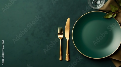 Generative AI : Empty plates and gold cutlery on dark green background. photo