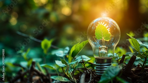 glowing light bulb with leaves inside bulb, isolated on background with copy space. concept of green alternative energy, eco friendly power, sustainability efficiency renewability.