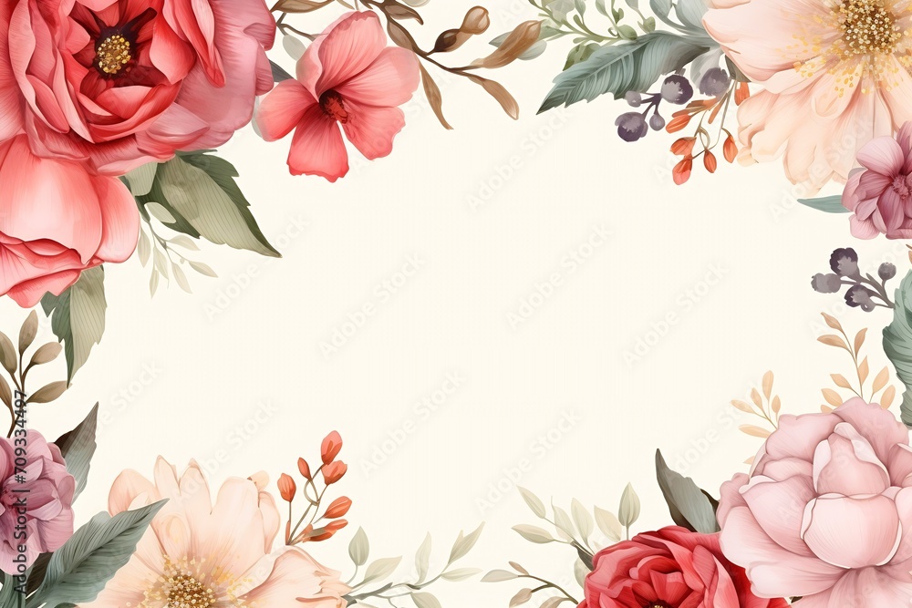 Generative AI : Banner with frame made of rose flowers and green leaves on a pink background.