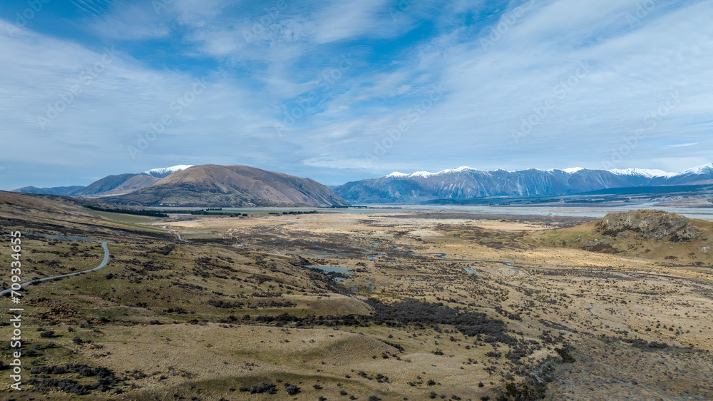 Drone  photo of the arid desert like Hakatere Valley and southern alps in the Ashburton Highlands