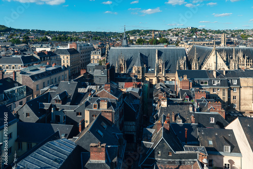 Aerial view of Rouen town with black rooftops on a sunny day, Normandy, France. Architecture and landmarks of Normandie