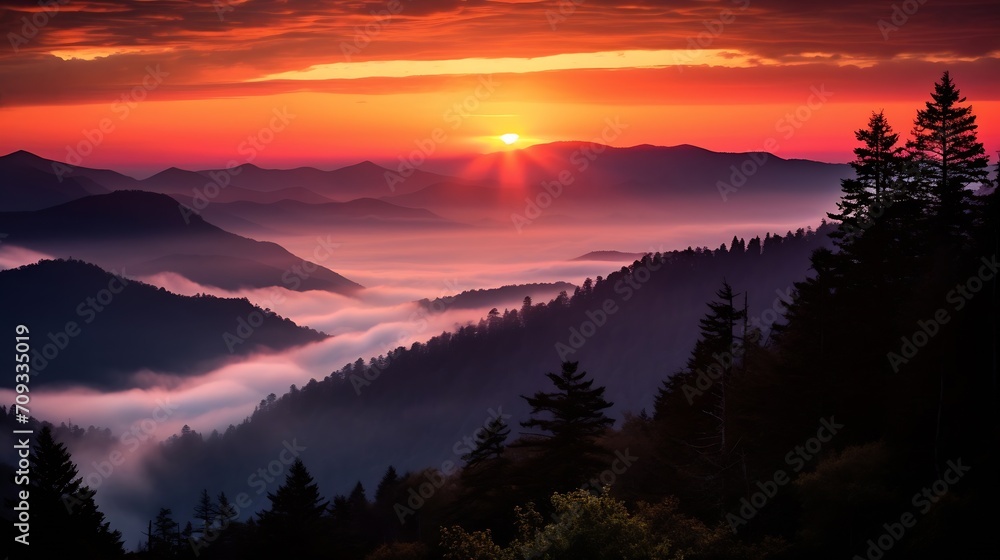 Generative AI : Great Smoky Mountains National Park Scenic Sunset Landscape vacation getaway destination