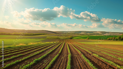 A panoramic view of a vast agricultural landscape during planting season  showcasing rows of crops and the hard work of farmers