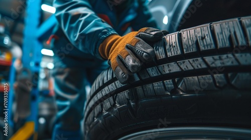 tire changing tyre repair car service shop background banner with copy space, close-up of auto mechanic hand on tire in automobile fixing garage photo
