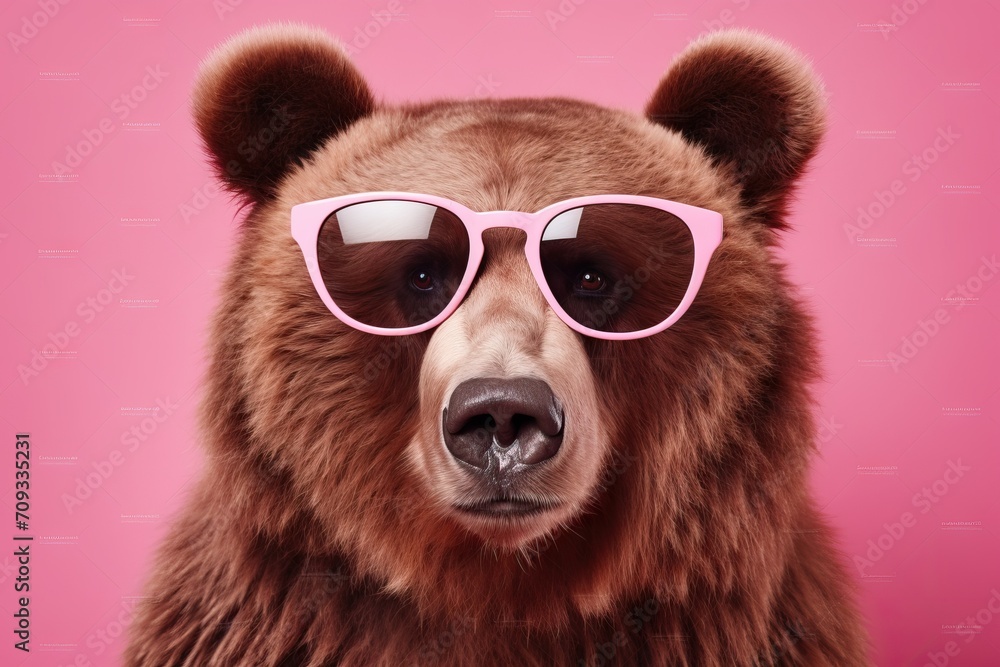 Brown bear portrait with pink glasses. banner with pinkbackground Brown bear portrait with pink glasses. banner with pinkbackground