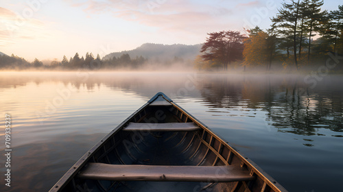 Bow of a canoe in the morning on a misty lake generated AI photo