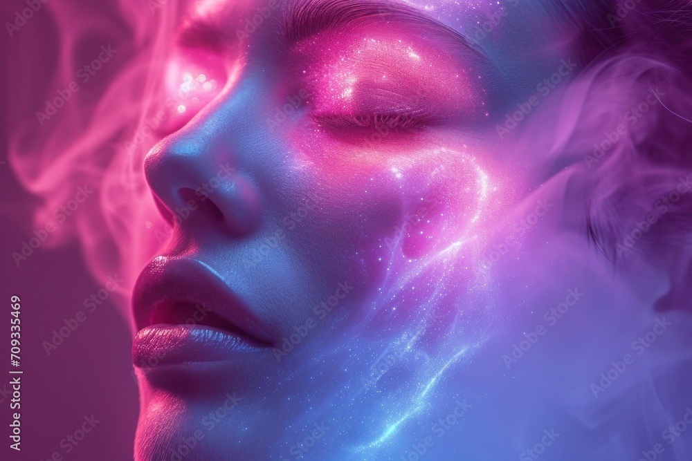 Striking portrait with contrasting blue and red lighting.. Close-up of a woman's face bathed in neon glow, zen 